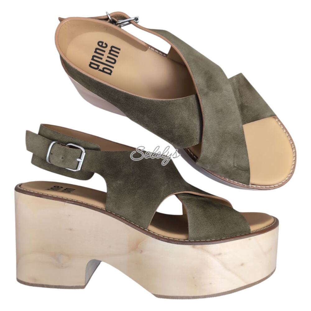 Anne Blum Sofia US 11 EU 42 Wooden Platform Suede Cross Strap Sandal Olive Green